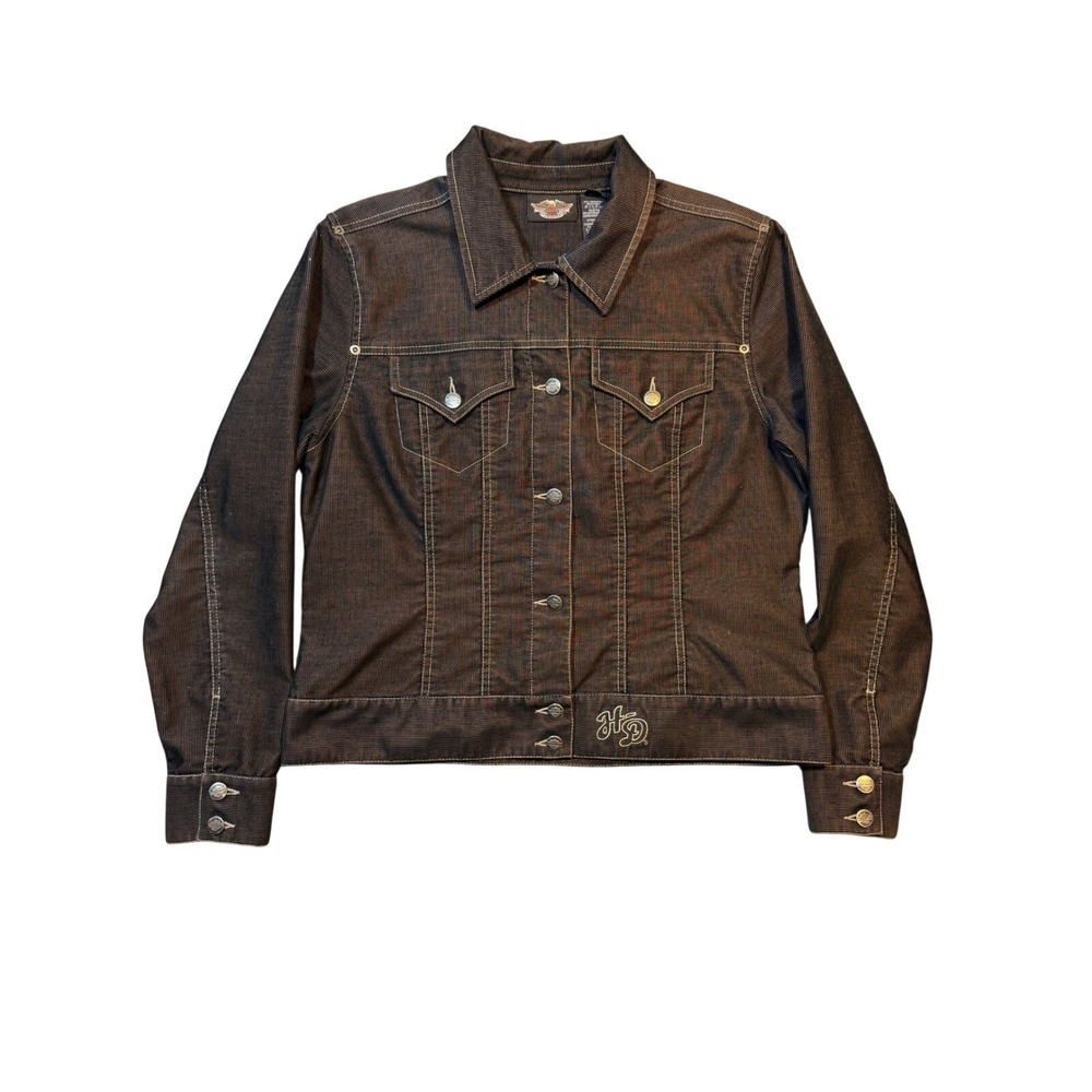 Harley Davidson Womens‎ XL Brown Corduroy Trucker Jacket Embroidered Logo Biker